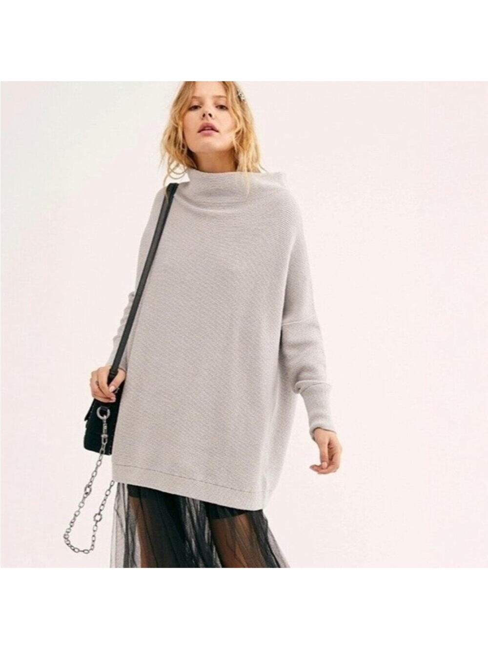Free People Ottoman Slouchy Tunic Light Gray Oversized Cowlneck Sweater SZ LG